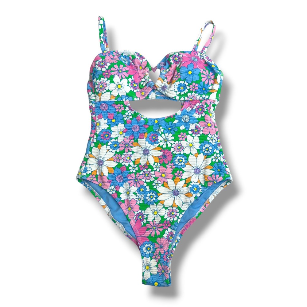 Jessica Simpson Swimsuit Women Small Blue Pink Floral Cutout Heart One Piece